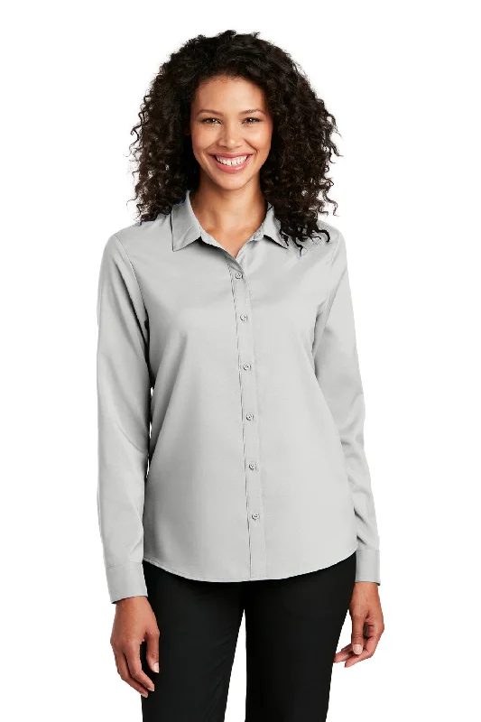 Port Authority Womens Performance Moisture Wicking Long Sleeve Button Down Shirt - Silver Grey