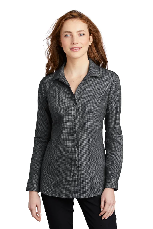 Port Authority Womens Pincheck Wrinkle Resistant Long Sleeve Button Down Shirt - Black/Steel Grey