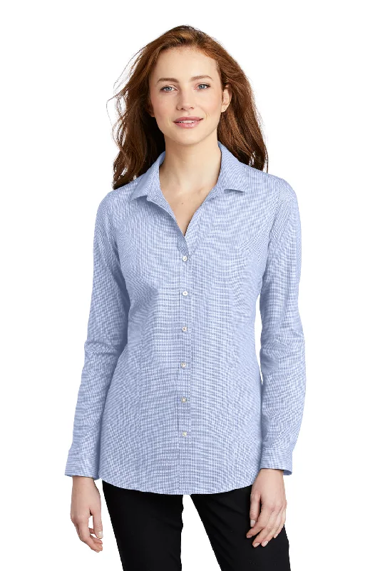 Port Authority Womens Pincheck Wrinkle Resistant Long Sleeve Button Down Shirt - Blue Horizon/White - Closeout