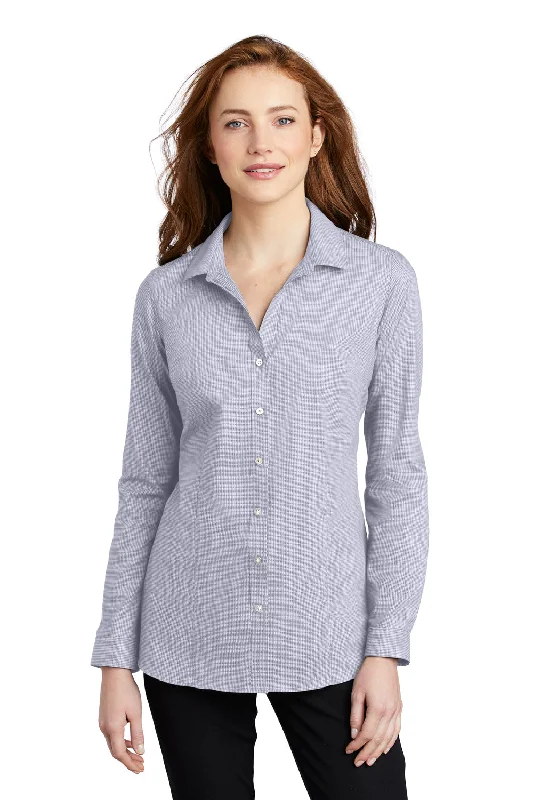 Port Authority Womens Pincheck Wrinkle Resistant Long Sleeve Button Down Shirt - Gusty Grey/White