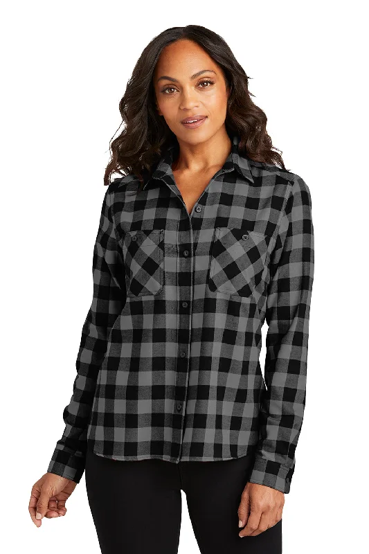 Port Authority Womens Plaid Flannel Long Sleeve Button Down Shirt w/ Double Pockets - Grey/Black Buffalo