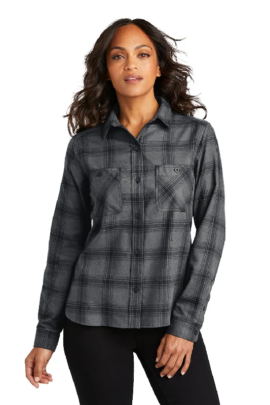 Port Authority Womens Plaid Flannel Long Sleeve Button Down Shirt w/ Double Pockets - Grey/Black Plaid