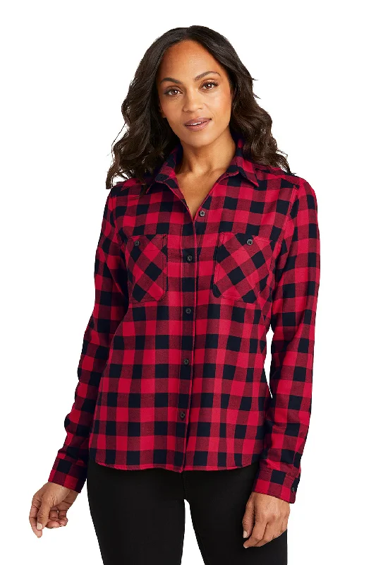 Port Authority Womens Plaid Flannel Long Sleeve Button Down Shirt w/ Double Pockets - Red/Black Buffalo