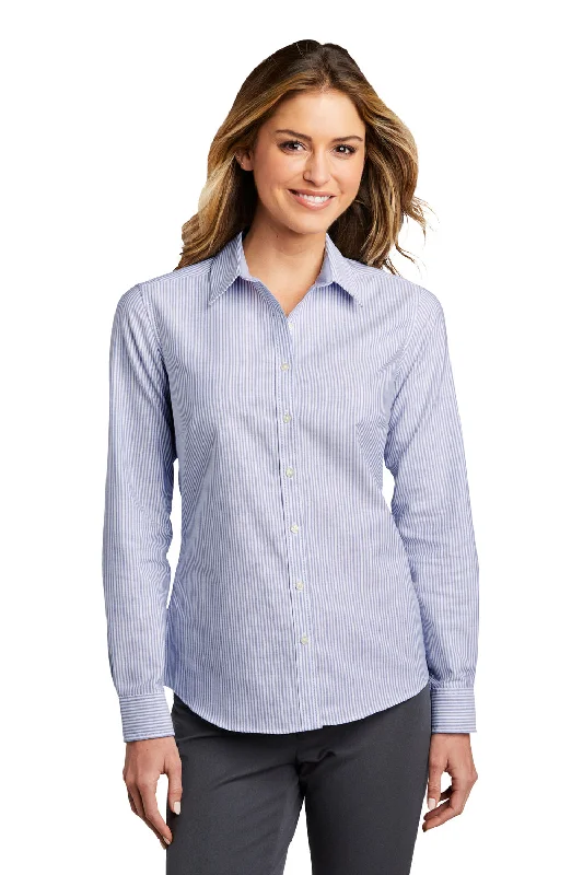 Port Authority Womens SuperPro Wrinkle Resistant Long Sleeve Button Down Shirt - Oxford Blue/White - Closeout