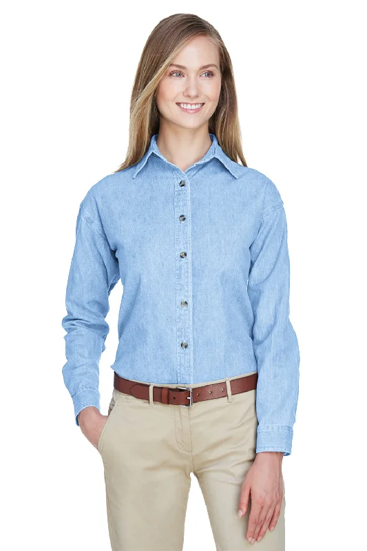 UltraClub Womens Cypress Denim Long Sleeve Button Down Shirt - Light Blue